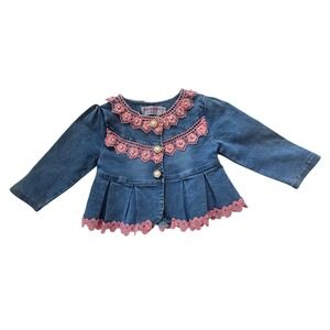 Peacolate Lace Trimmed Jean Jacket Baby 12 Months Blue Pink Pearl Buttons